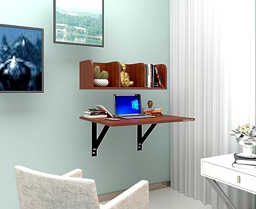 Image of Madhuran Engineered Wood Wall Mounted Folding Laptops Cum Study Table with Storage Shelf (Matte Teak) Work Home Foldable Office Study Room Books Kitchen Organizer