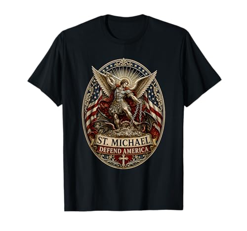St. Michael Defend America Archangel Patriot USA Flag T-Shirt