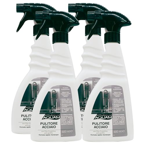 Aquam PULITORE ACCIAIO Spray, Con Film Protettivo Anti-Graffio. Ideale Per Superfici In Acciaio Inox Lucido e Satinato, Formula Rapido Risciacquo 500ml (4 Spray)