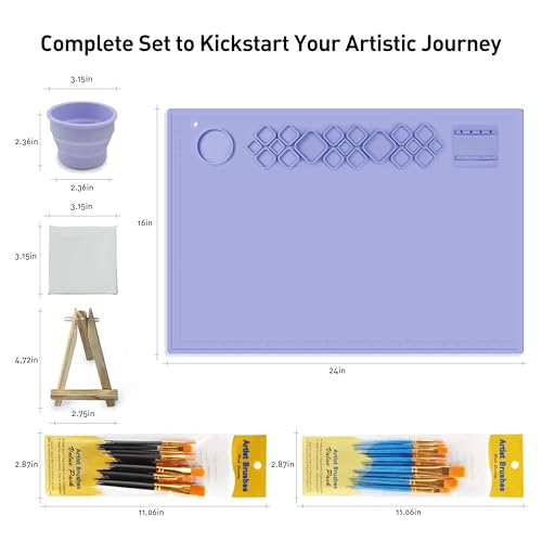 Image of FINFINLIFE XL Silicone Paint Mat for Kid, 24 inchx16 inch Painting Station for Christmas Gift, Silicone Art Mat for Crafts with Paint Brush Cleaner Tray Palettes, Painting Brushes Mini Canvas Easel (Purple)