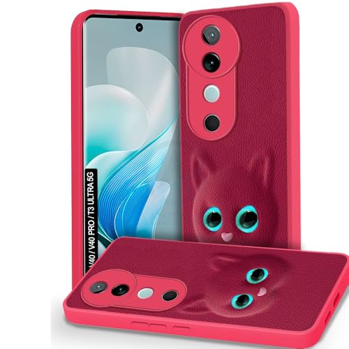Image of AESTMO Back Case Cover for Vivo V40 / V40 Pro / T3 Ultra 5G Back Cover | 3D Cat Cover | Leather Finish | Full Body Protection | Camera Protection Back Cover (Pink