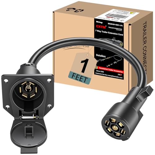 CXTM 7-Way Trailer Extension Cord Wire Cable 1 Feet 7 Way Trailer Extension Cable Wiring Harness 7 Prong Tow Wiring Connector Cord 7 Blade Trailer Wiring Connector Cord Wire (1ft)