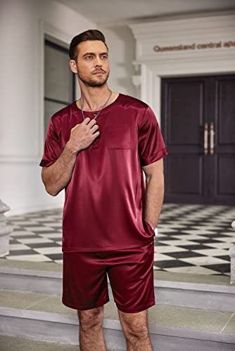 Image of Ekouaer Mens Pajamas Set Silk Satin Pjs Sets Summer Short Sleeve Button Down Sleepwear 2 Piece Loungewear with Pockets