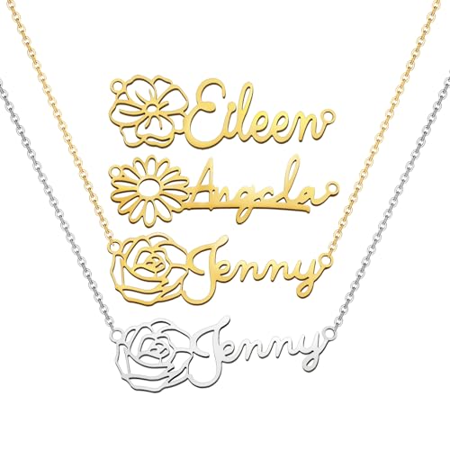 Malihome Personalized Name Necklace 18K Gold Plated Custom Birth Month Flower Gift for Mom/Wife/Girls Unique Jewelry (Custom Necklace)
