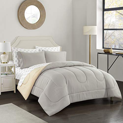 Idea Nuova "Casa 7-Piece Solid Reversible Comforter Set With Bonus Sheets, Light Gray, Queen, 86"X86" #TOP7