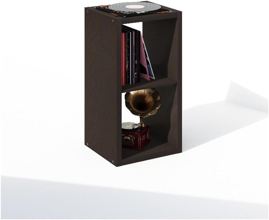 Furinno Cubicle Record Player Stand, 2-Cube Record Storage, Black Dark Oak | Vinyl Storage, 1.2"Inch Extra Thick, Open Back Media Shelf for CD DVD Blueray Game Disc, for Living Room, Home Office