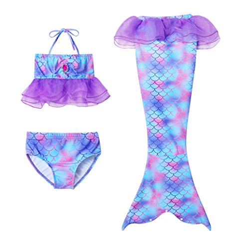 Yimidear Coda de Sirena para niña, Disfraz de sirena para niña, 3 piezas, juego de bikini de sirena para niña violeta 120 cm