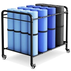 Black Yoga Mat Storage Rack Basket with Wheels, Floor-Standing Metal Yoga Mat Cart Workout Equipment for Foam Roller Dumbbells Kettlebells,in Gym,Fitness Classes, Yoga Studio & Home Gym