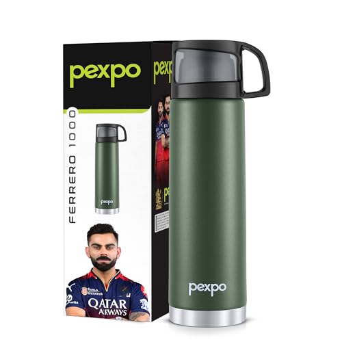Pexpo Fererro 1000ml Stainless Steel Flask | Triple Wall Vacuum Insulated Hot & Cold Bottle | ISI Certified | Cup Designed Cap | for Office, Gym & Travel with Jute Bag - Military Green