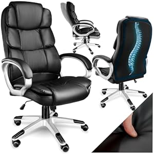 tectake® Chefsessel, Bürostuhl mit 12 cm Polsterung, Schreibtischstuhl mit Armlehnen & Wippfunktion, ergonomischer Bürostuhl, höhenverstellbar, PC Stuhl, Drehstuhl mit Rollen in Lederoptik - schwarz