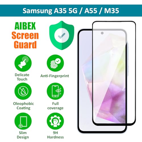 Image of AIBEX Tempered Glass for Samsung A35 5G / Samsung A55 / Samsung M35 | 9H Hardness | Anti-Glare & Anti-Fingerprint | Water Resistant | Edge-to-Edge Full Screen Protector | Bubble-Free Installation