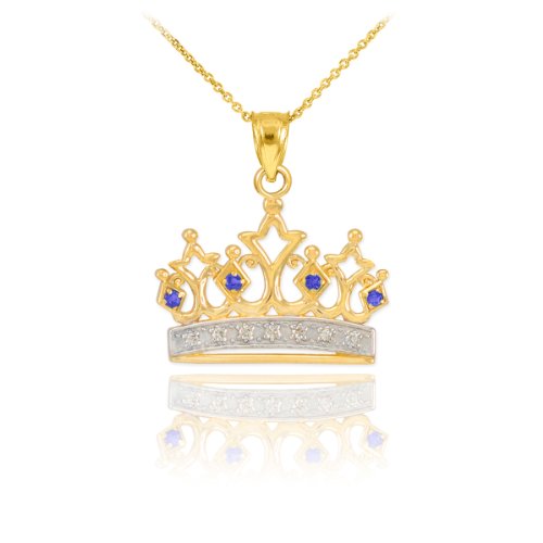 Fine 14k Yellow Gold Crown Pendant with Sapphire and Diamond