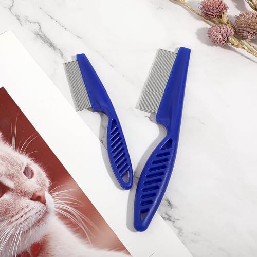 TIESOME Haustierhaarkamm Tränenfleckentfernung, 2 Pack Multifunktionskämme für Haustiere Grooming Kit 2 in 1 Hundekämme Edelstahlkamm Massagekamm Doppelseitiger Kamm(Blau)