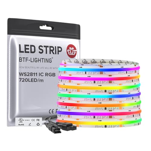 BTF-LIGHTING WS2811 Smart IC RGB FCOB COB LED Strip, UL Listed 720LEDs/m High Density Color Chasing Uniform Light, DC24V 24FT 12mm Width Tape Light for Home Party DIY Decor(No Adapter or Controller)