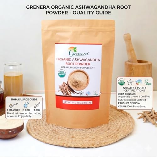 Image of Grenera Organic Ashwagandha Root Powder | USDA Organic, Vegan & Kosher Certified | Non-GMO & Gluten Free | Ashwagandha Powder for Smoothies, Drinks & Recipes | Lab Tested | 2.2 lbs (1 kg)