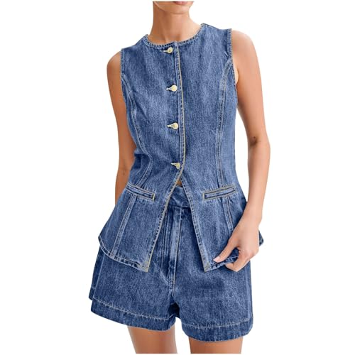 Women's Denim 2 Piece Set Casual Business Sleeveless Jean Blazer Vest Tops and Shorts Outfit Tracksuits Business Sets Fashion