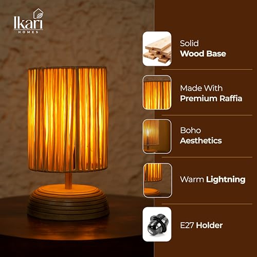Image of Ikari Homes Boho Rustic Ray Table Lamp I Night Lamp for Bedroom Bedside & Center Table Lamp I Warm Ambient Cozy Lamp I Rattan Lamp I Size 21.5 x 12.7 cm - (Bulb Not Included)