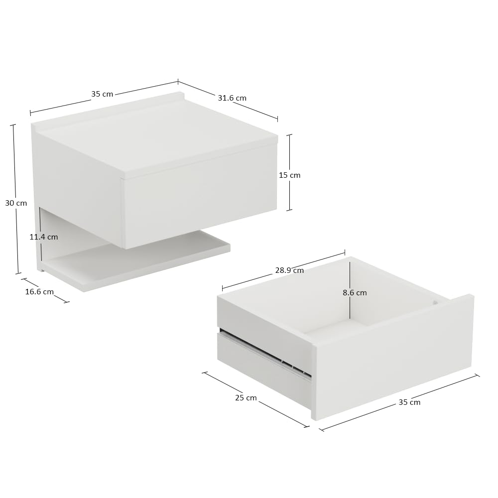 Mesita de Noche de Pared, Cajonera, Estante Colgando para Dormitorios, Mesa de Pared Delgada con Estante de Almacenamiento, Blanco. Tamaño: W35 x H30 x D31,6 cm