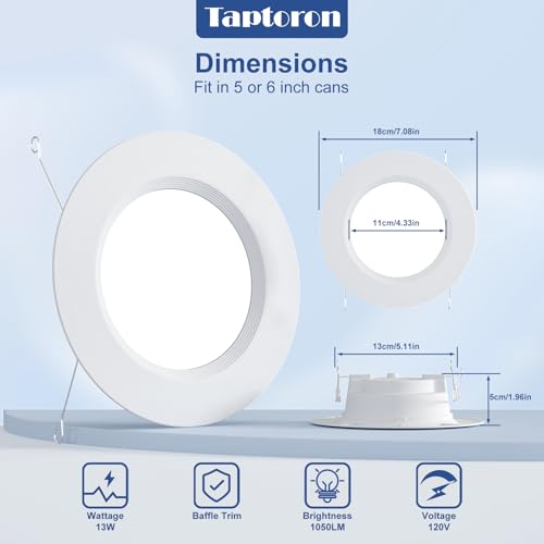 Image of Recessed Lighting 5 /6 Inch Color Changing LED Can Lights for Ceiling, 13W 1050LM Retrofit Recessed Lights with Baffle Trim, RGBCW Downlight Dimmable by Remote Control, Memory, Delayed Off, 12 Pack