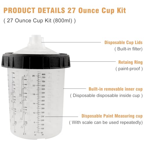 Image of RRJ Disposable Paint Cup Automotive Spray Gun Paint System, for LVLP /HVLP Spray Gun Kit 27 Ounce(800ML) Mixing Cups with 50 Liners and Lids, 1 Hard Cup with Retainer Ring, 2 Adapter, Stirrer