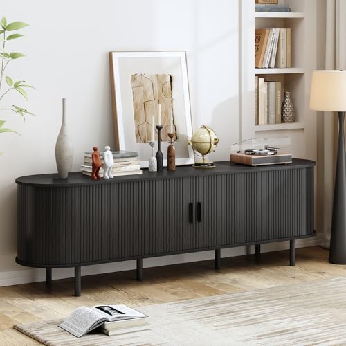 Image of 70.8 inch TV Stand with Power Outlet, Mid-Century Modern Television Stand, Fluted Media Console with Sliding Doors, Entertainment Center for TVs up to 60 Inch, Adjustable Shelves, Black