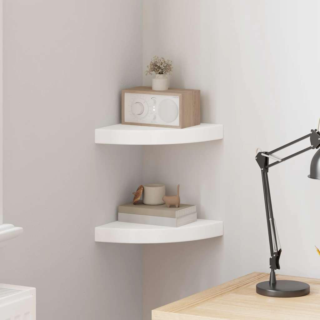 White Corner Floating Shelves Set of 2, Honeycomb MDF Wall Mounted Storage for Living Room, Bedroom, Bathroom Decor, 9.8x9.8 Inch Triangular Ledge