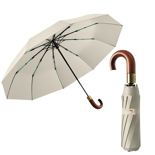 Luxurious Travel Folding Umbrella for Men Automatic Open/Close Crook Real Wooden J Handle Coating Layer Fabric Blocking/Portable Golf/Car Backpack/Rain Sun Anti UPF 50 UV Protection 99.9%