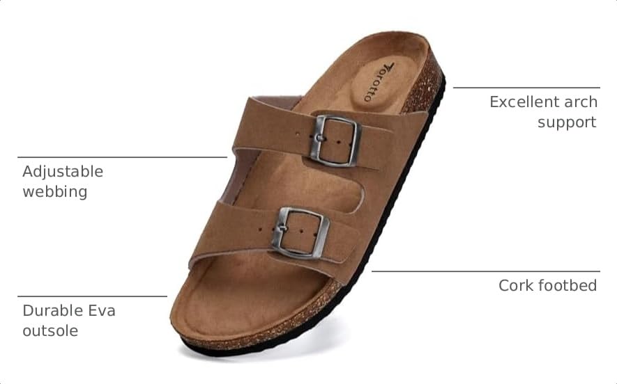 Image of Torotto Mens Slides with Cork Footbed Open Toe Adjustable Webbing Flat Sandals for Walking | Beach | Indoor