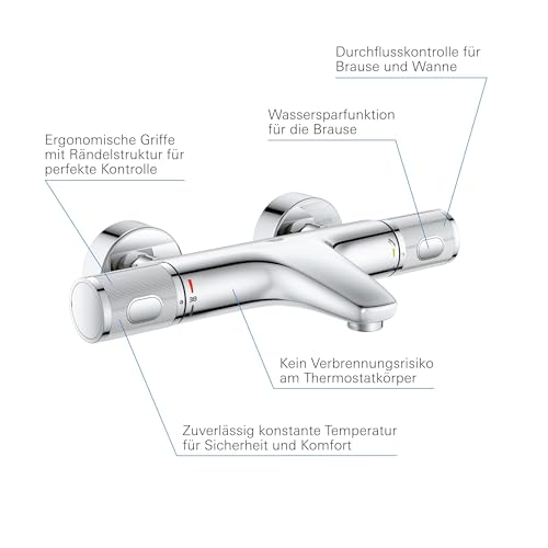 GROHE Precision Feel, Badewannenarmatur, wassersparend (Thermostat mit stets kühler Oberfläche für Kinder, Duscharmatur mit Sicherheitssperre bei 38°C, Anti-Rutsch Griffe, 3in1 Tool), chrom, 34788000