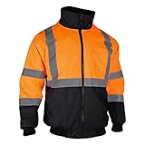 Men's ANSI Class 3 Hi Vis Safety Bomber Jacket Concealed Hood Waterproof Full Zip Padding Work...