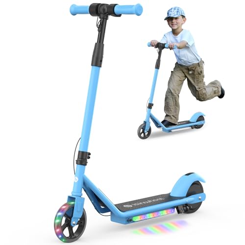 isinwheel Electric Scooter for Kids Ages 6-12, 150W Motor, 6/10 MPH Speeds, Colorful Lights, Adjustable Height, Kids Electric Scooter with Dual Brake & Thumb Throttle— Great Gift for Boys &