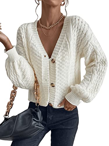 SweatyRocks Women's Cable Knit Long Sleeve V Neck Cardigan Drop Shoulder Button Front Sweater4