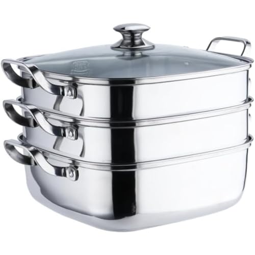 KQQK蒸し器蒸し鍋角型蒸し鍋家庭用蒸し器蒸し料理直火・IH各種熱源対応ガラス鍋蓋付多機能ステンレスお手入れが簡単 (3層)