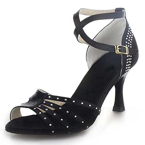 JIAJIA Y20525 Women's Satin Sandals Flared Heel Latin Salsa Performance Dance Shoes Color Black,Size 10.5 B(M) US/42 EU