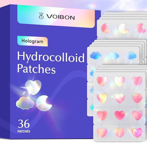 Voibon Hologram Pimple Patches for Face, Cute Hydrocolloid Acne Patches, Salicylic Acid & Tea Tree Colorful Heart Spot Stickers,Zits & Blemish,Blue Pink Moon Cloud Heart,Zit Patches,12MM(36 Count)