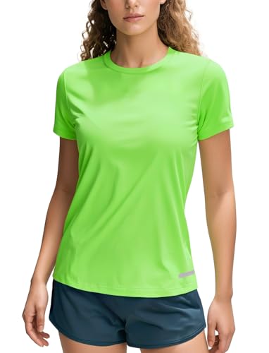 Running Tops for Women Short Sleeve Dry Fit(Neon Green,S)