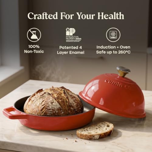 Image of CUMIN CO. Cast Iron Bread Oven | 20 cm | Non Toxic Bakeware | Patented Enamel Coating | FDA Compliant | Free Accessories | Induction & Oven Safe | Color: Rust