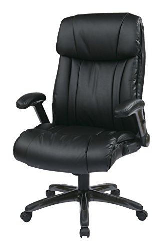Office Star Ech Series High Back Executive Bonded Leather Office Chair With Adjustable Padded Flip Arms, Black With Titanium Coated Base #TOP6
