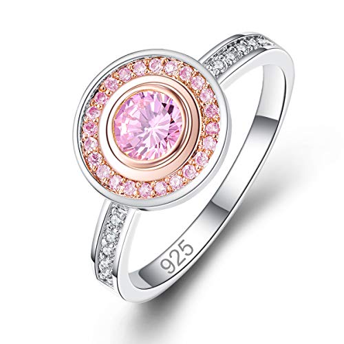 Emsione 925 Sterling Silver Plated Created Pink Topaz Round CZ Cut Halo Planet with Round Side Stones Eternity Ring Anniversary Wedding Engagement Band Ring Size 7 Color Pink