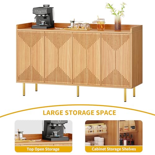 DWVO 55" Kitchen Storage Cabinet, Modern Sideboard Buffet Cabinet with Storage, Adjustable Shelves and Carved Design Doors for Living Room, Dining Room, Natural