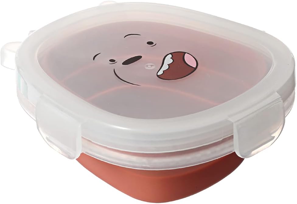 MINISO We Bare Bears Silicone Food Storage Container with Lids, BPA Free Foldable Bento Lunch Boxes, 12oz Collapsible Meal Prep Container for Kitchen, Microwave, Dishwasher and Freezer Safe(Grizzly)