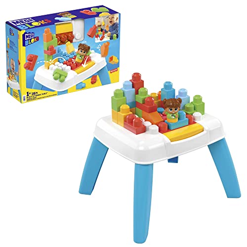 MEGA BLOKS Stolik z klockami „Buduj i zrzucaj” z 2 funkcjami zrzucania, 23 dużymi klockami do budowania i 1 figurką, zestaw prezentowy dla dzieci od 1 roku życia, HHM99