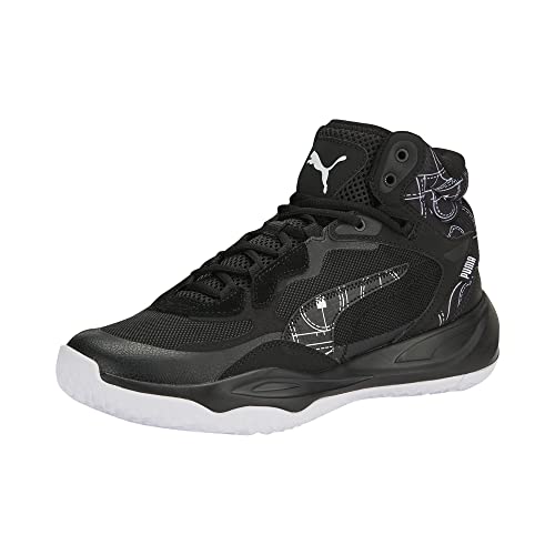PUMA Mens Playmaker Pro Mid Basketball, PUMA Mens black-PUMA Mens white, 9.5