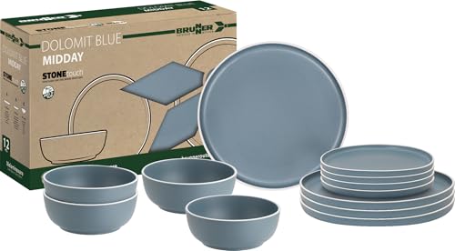 Brunner Dolomit Melamine Camping Dinner Set, Anti Slip Outdoor Tableware Set, Lightweight Break Resistant Plates Bowls & Mugs, Caravan, Picnic & Camping Dining (Dolomit Blue, 12 Piece Set)