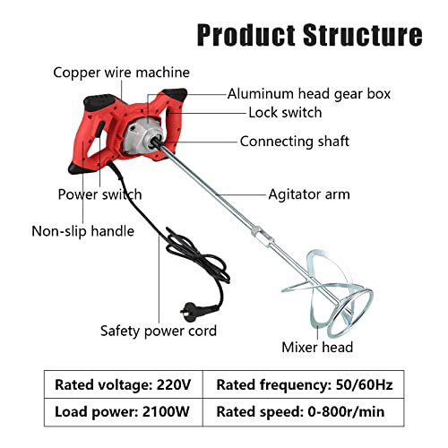 Agitator Zementmischer Industriemischer Cement mixer, 2100Watt 2-Gang Getriebe, weicher Start, mit Mörtelrührer und Zementschaufel