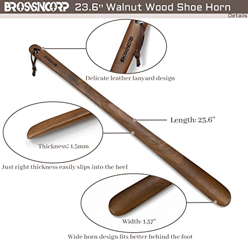 Brosisincorp Wooden Shoe Horn Long Handle For Seniors 23.6" Easy Wear Helper Shoehorns Women Kids Baby Elderly Hanging Rings Black Walnut Wood #TOP1