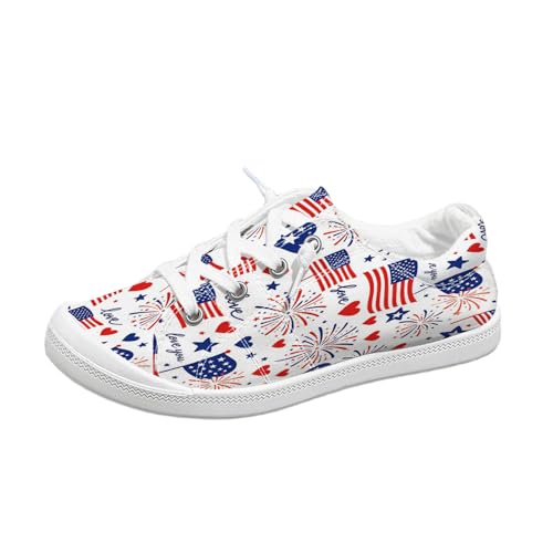 Womens Patriotic Canvas Sneakers God Bless America Print Low-Top Slip-On Shoes American Flag Star Stripes Casual Walking Shoes for 4th of July (Multicolor-10 8.5)