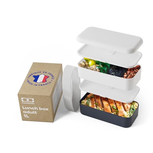 monbento - Lunch Box Original blanc/bleu - Lunch Box Micro Ondable pour Adultes - Boite Lunch Hermétique 2 étages - Idéal pour Travail/Pique-niques - Sans BPA - Made in France - Bicolore