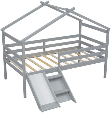 Twin Low Loft Bed with Slide, Twin House Loft Bed with Ladder, Wooden Loft Bed with Guardrails for Kids Bedroom and Playroom, Natural
