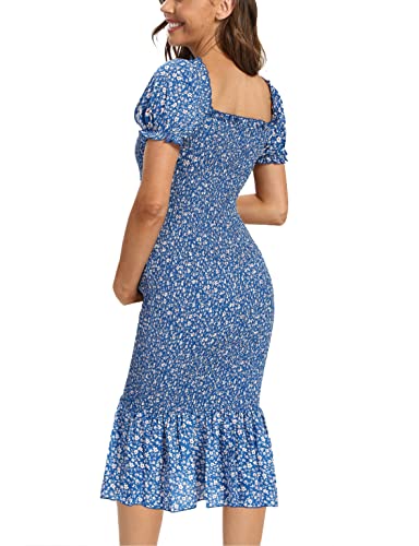 Aonesx Maternity Summer Floral Midi Bodycon Dresses, Short Puff Sleeve Square Neck Ruffle Hem Mermaid Baby Shower Dress Blue S #TOP2